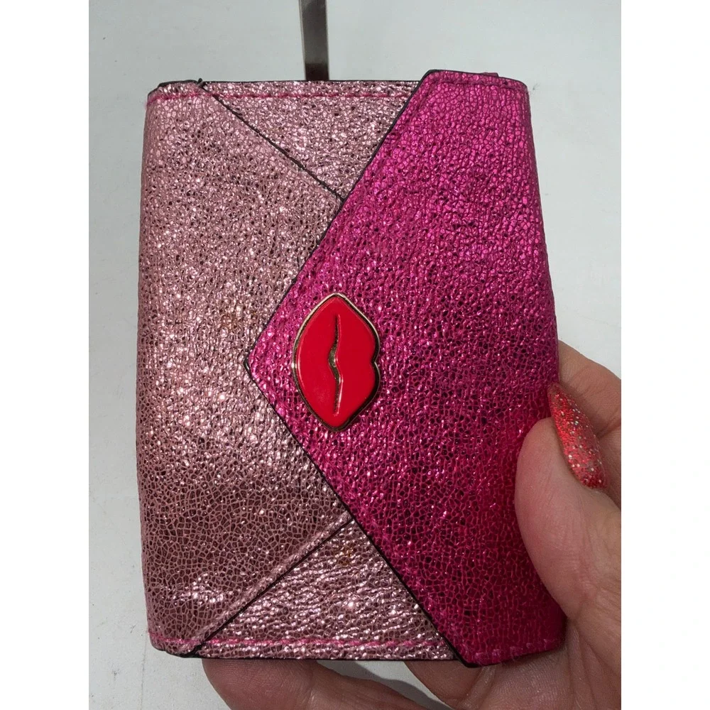 Victorias Secret Pink Glitter Envelope Card Case Red Lips Keychain Wallet